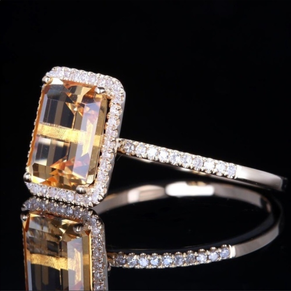 Yellow Citrine CZ Diamond Silver Ring Size 6